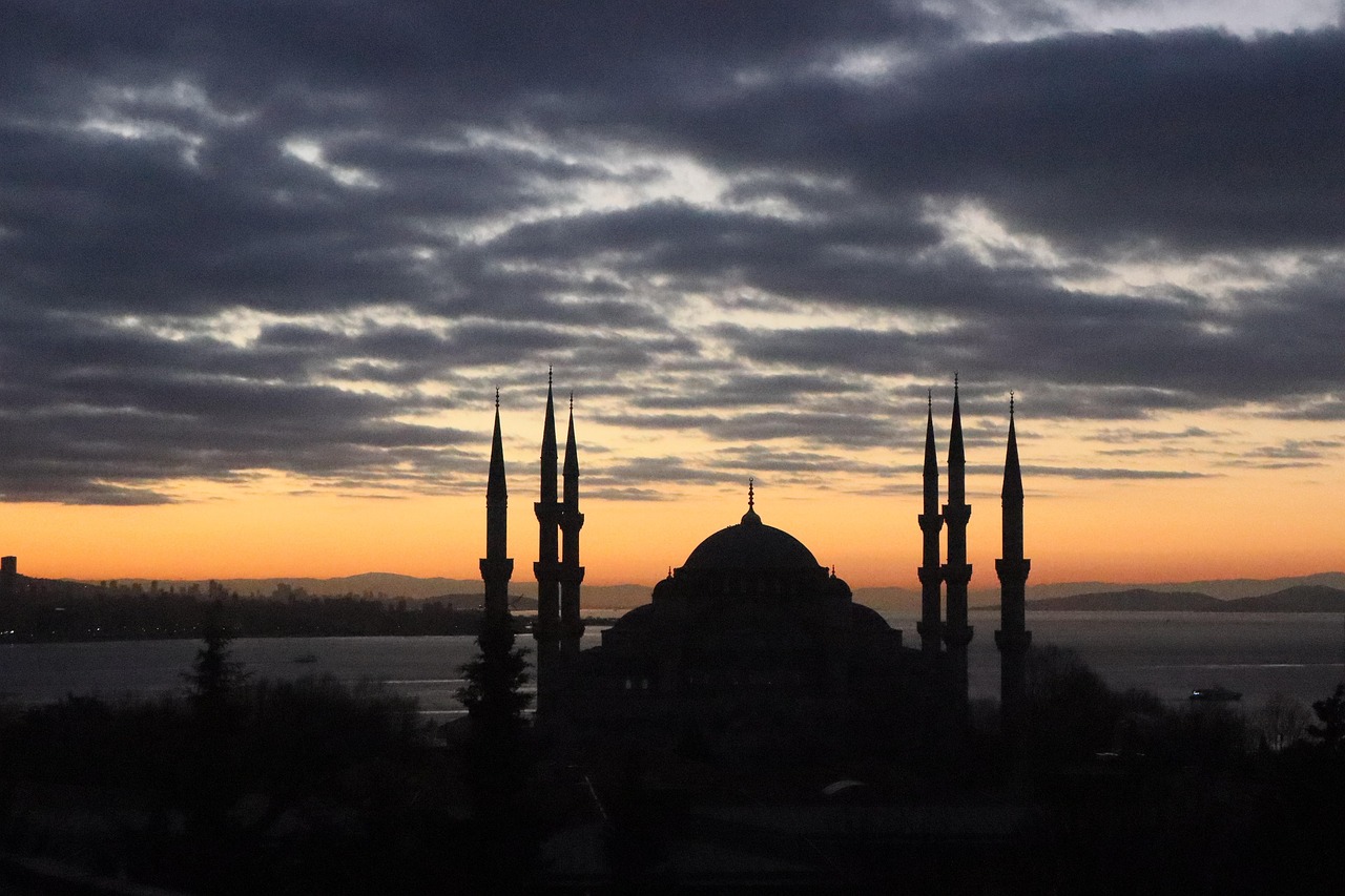 view, istanbul, tourism, dusk, sunset, travel, city, minarets, dome, sultan ahmet mosque, nature, sky